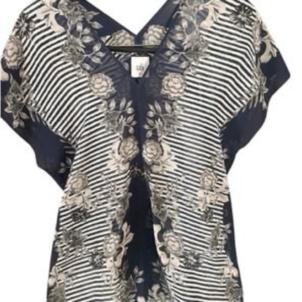 Cabi Navy Floral Stripe V-Neck Kimono Sleeve Top XS